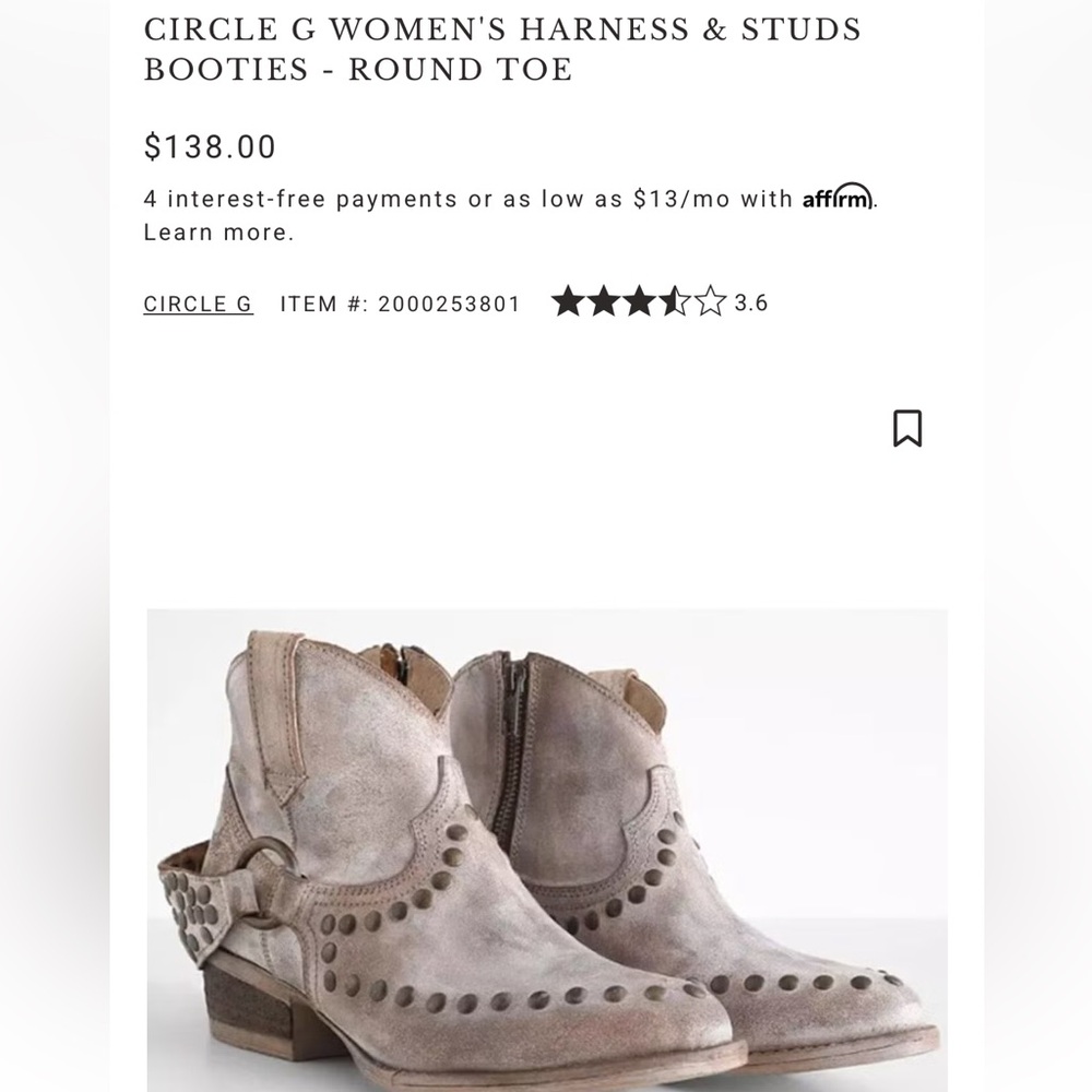 CIRCLE G WOMEN'S HARNESS & STUDS BOOTIES - ROUND TOE - Picture 2 of 14